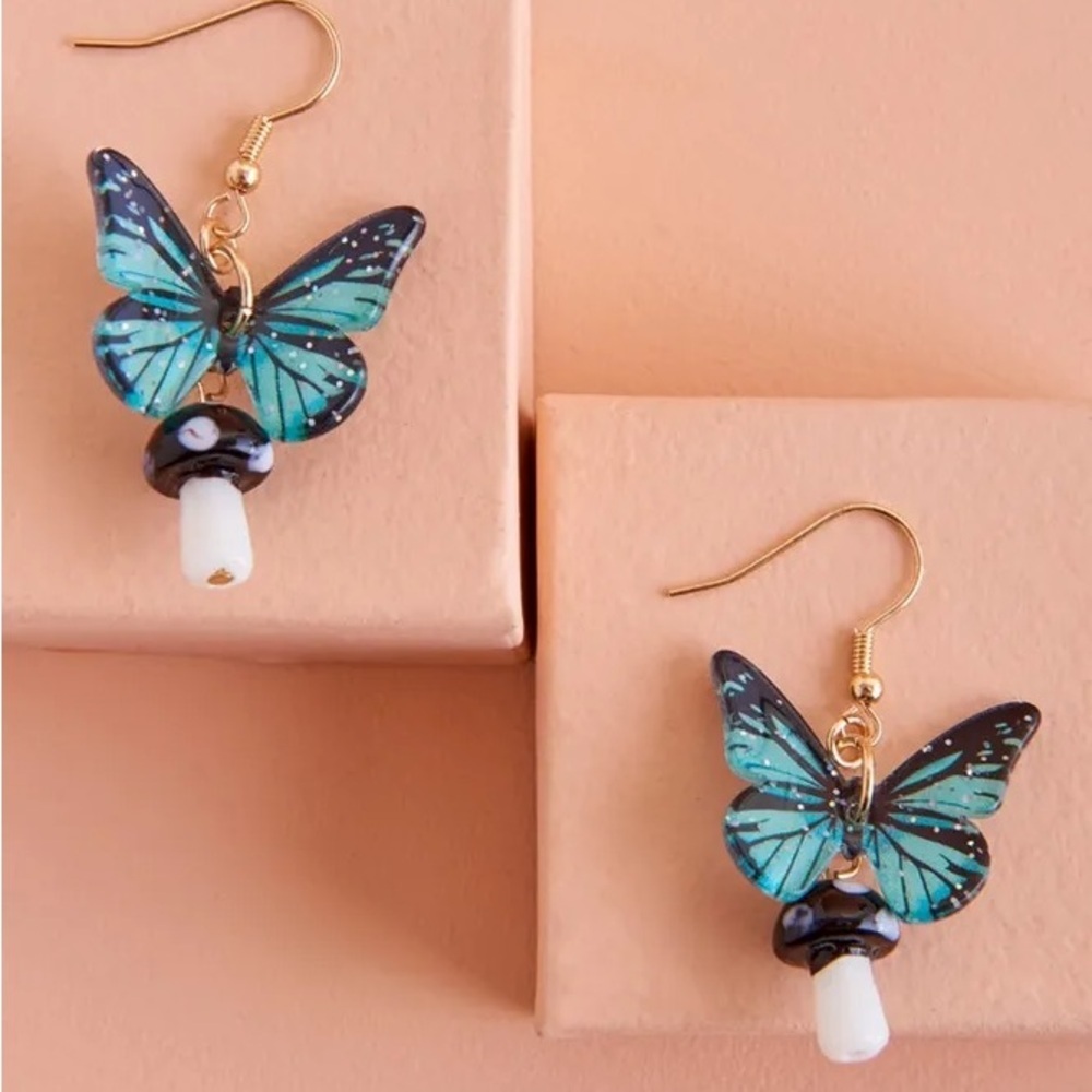 Earthbound Glittery Blue Butterfly Mushroom Earrings, NWT 🦋